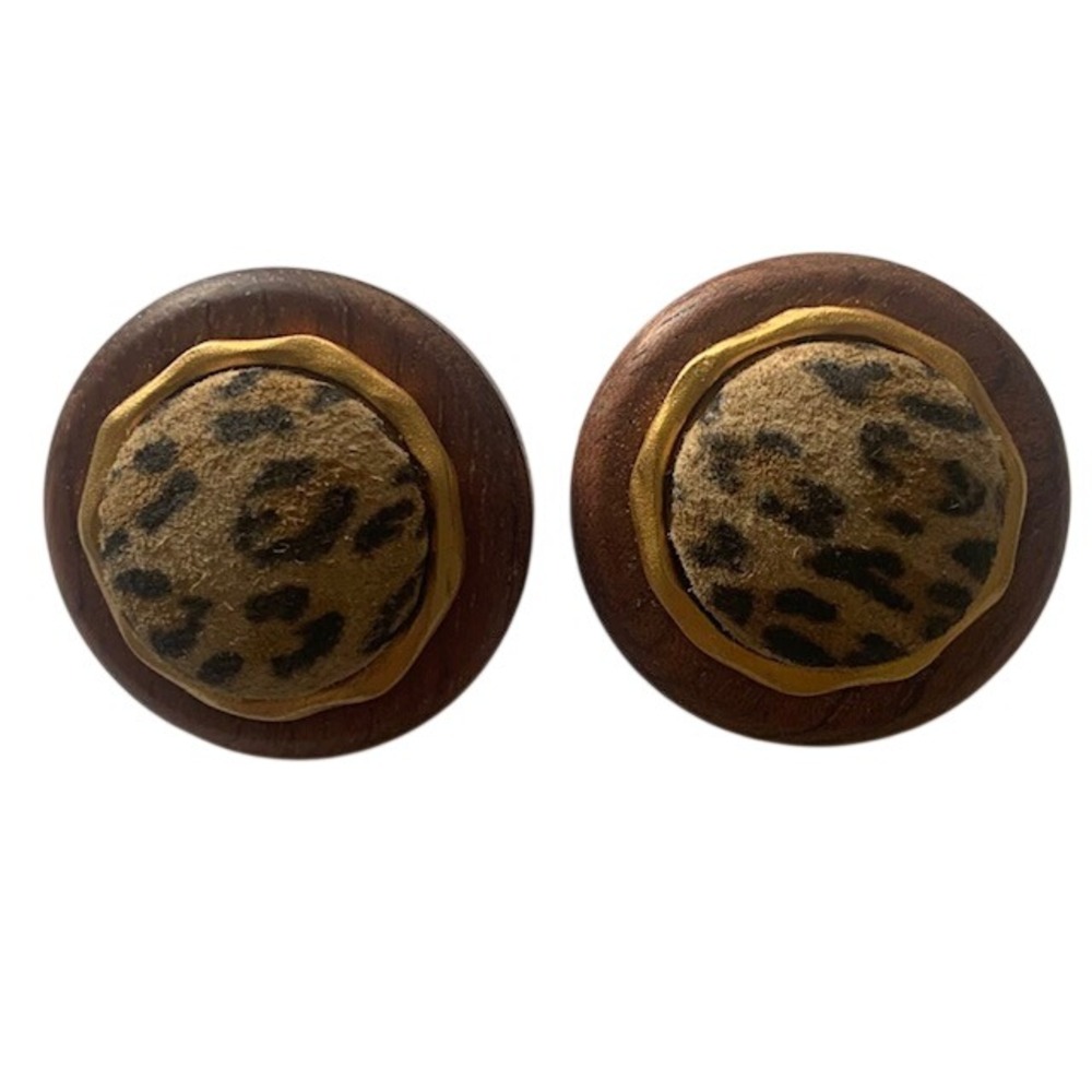 Vintage 80s Wooden Clip On Earrings Gold Animal Print Trim Boho Safari Retro